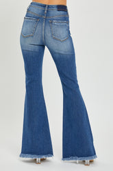 RISEN Full Size High Rise Flare Jeans with Front Slit & Frayed Hem